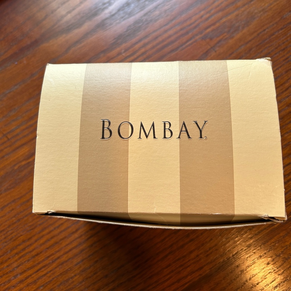 Bombay gift box. 6”x4”x4”. Signature tan and cream stripes.